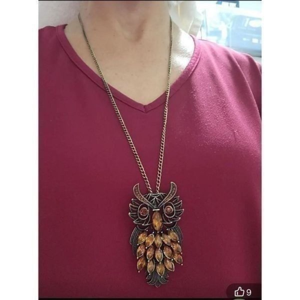 Vintage Style Boho Owl Necklace Long Chain Amber Rhinestone Pendant Jewelry Gift - Picture 8 of 12